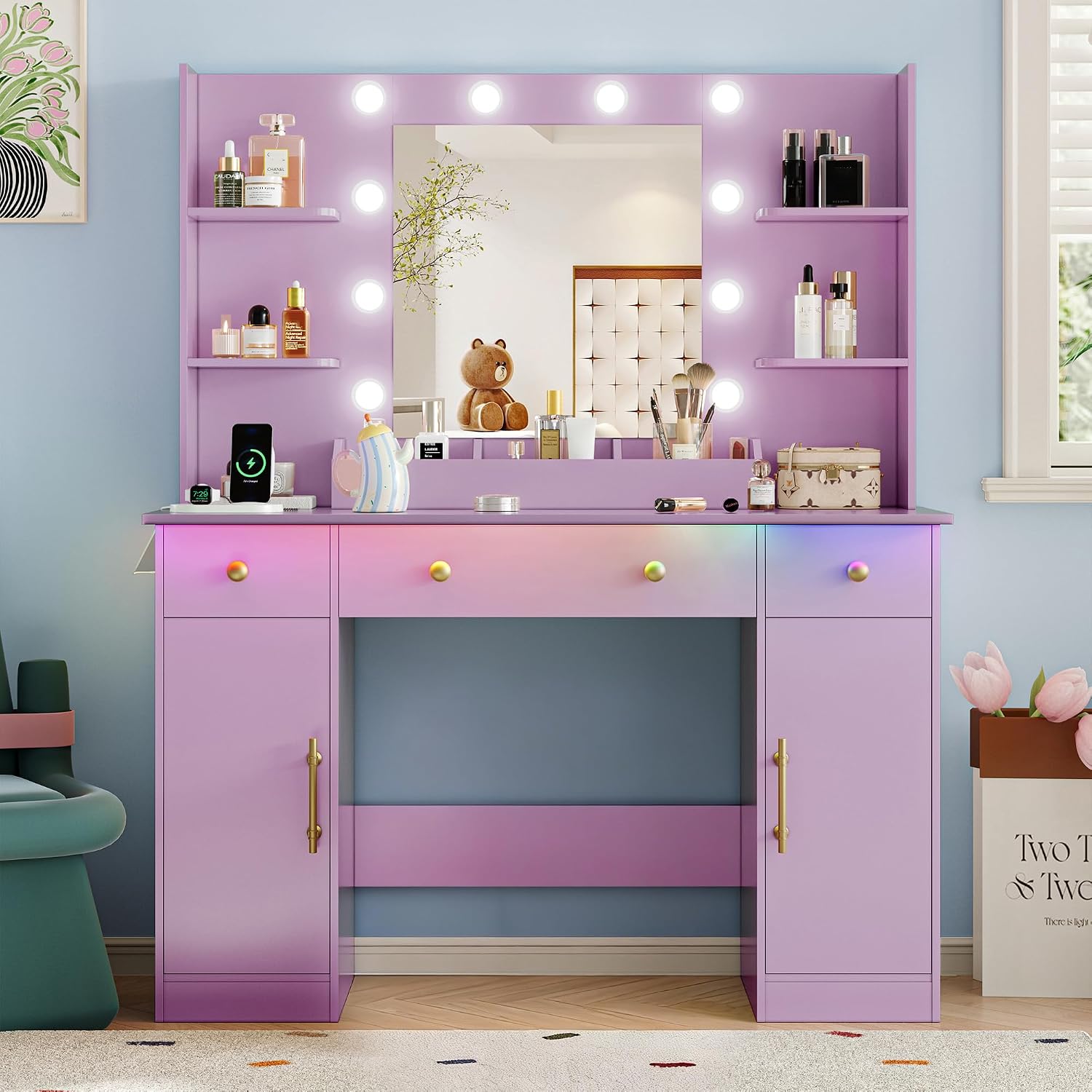 Vanity Desk with Mirror and Lights, 43'' Makeup Dressing Table Set with 5 Drawers & Power Outlet, 3 Lighting Modes Brightness Adjustable, Vanity with RGB Ambient Light for Women Girls Bedroom, Purple