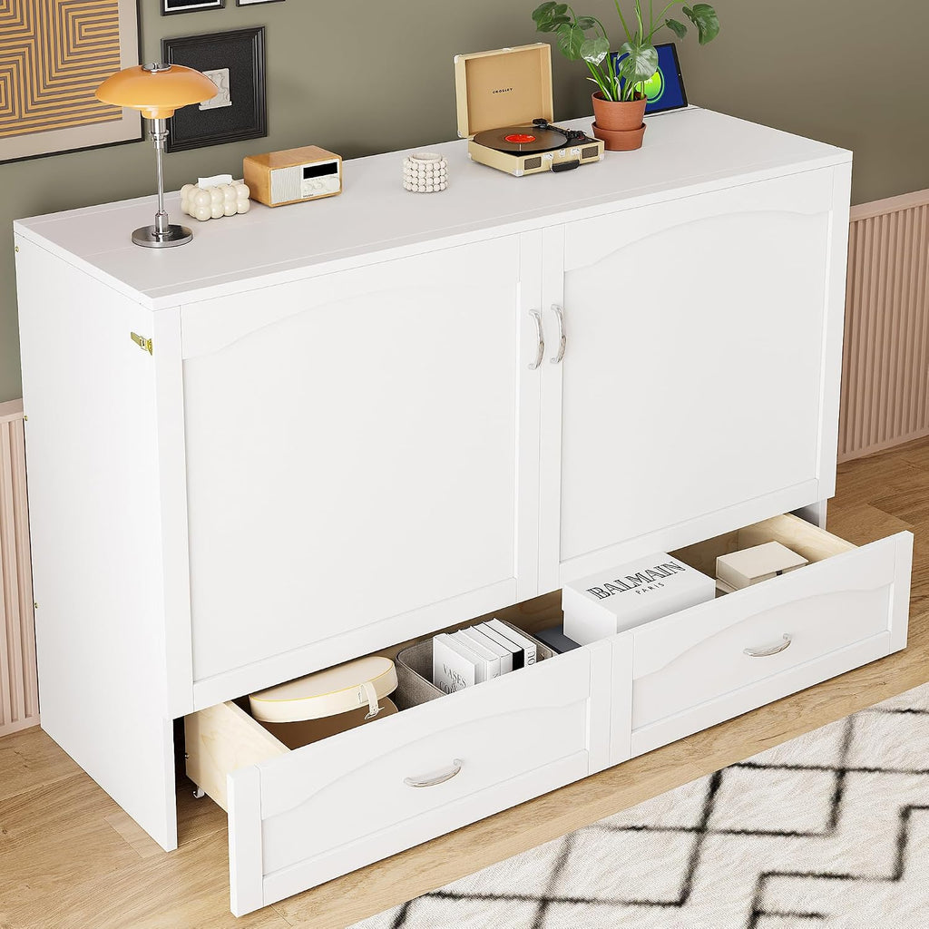 Merax Queen Size Murphy Bed Wall Bed with Drawer and a Set of Sockets & USB Ports, Pulley Structure Design, White