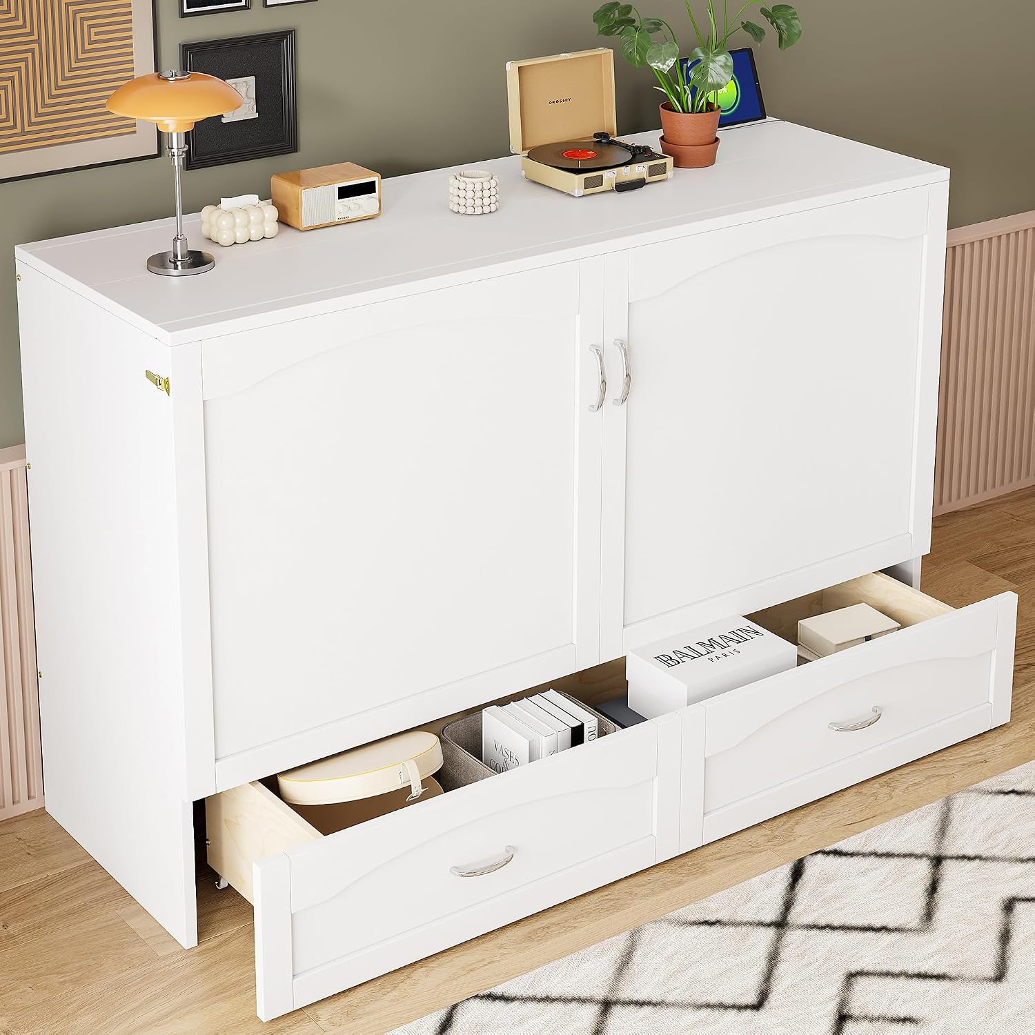 Merax Queen Size Murphy Bed Wall Bed with Drawer and a Set of Sockets & USB Ports, Pulley Structure Design, White