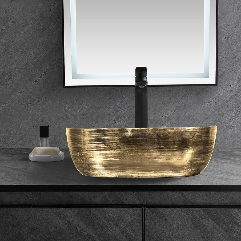 Strictly Sinks 19 Inch Rectangular Gold & White Ceramic Countertop Vessel Sink Easy to Install Above Counter Luxurious Bathroom Sink (19-3/4' W x 16' L x 6'H)