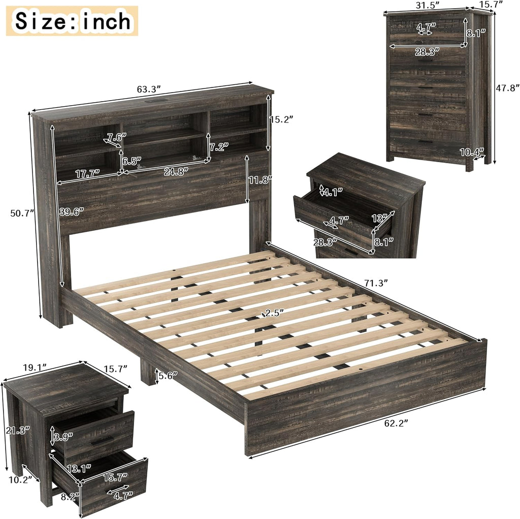 4 Pieces Bedroom Sets, Queen Size Vintage Wooden Platform Bed Frame with 2 Nightstands and 1 Chest, Antique Gray