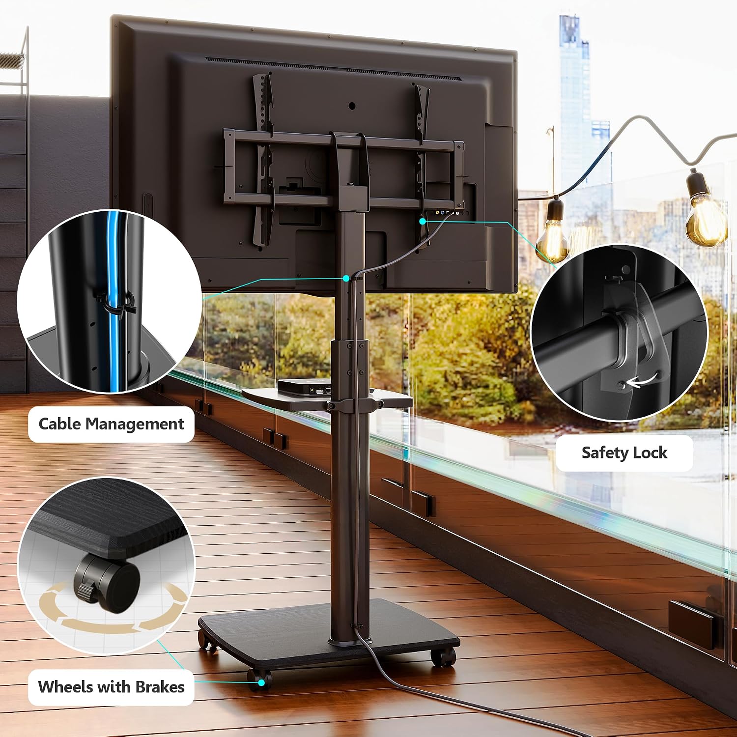 FITUEYES Rolling TV Stand with Power Outlets, Swivel Portable TV Stand for 32-70 Inch LCD LED OLED Flat/Curved Panel Screen TVs, Height Adjustable&Wood Base, Mobile TV Cart with Shelf, Black