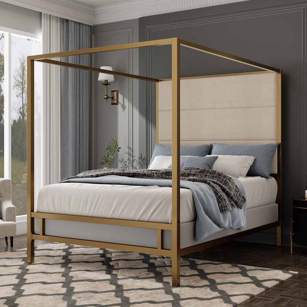 King Size Metal Canopy Bed Frame, Canopy Bed with Tall Linen Fabric Upholstered Headboard, Box Spring Needed, Gold+Tan