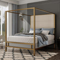 King Size Metal Canopy Bed Frame, Canopy Bed with Tall Linen Fabric Upholstered Headboard, Box Spring Needed, Gold+Tan