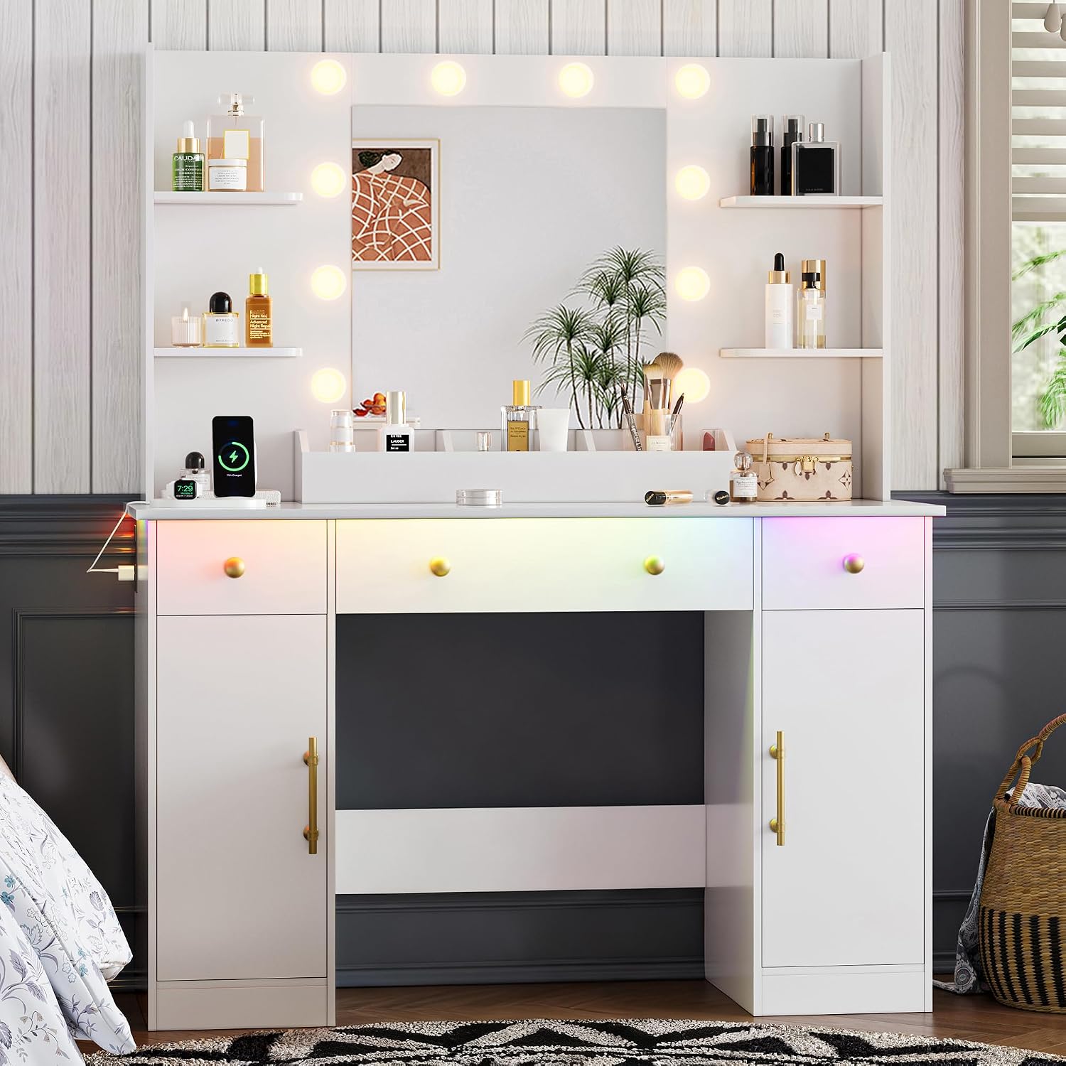 Vanity Desk with Mirror and Lights, 43'' Makeup Dressing Table Set with 5 Drawers & Power Outlet, 3 Lighting Modes Brightness Adjustable, Vanity with RGB Ambient Light for Women Girls Bedroom, White