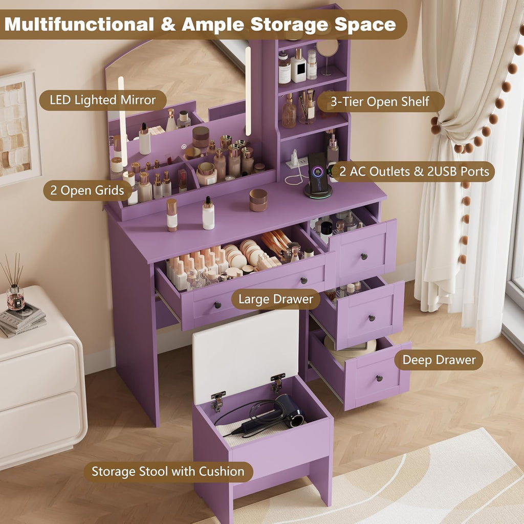 App & Button Controlled RGB Vanity with Arc Mirror, Small Makeup Vanity Table Set with Drawers & Chair, 3 Lighting Modes & Adjustable Brightness with Power Outlet, Vanity for Women Girls Bedroom
