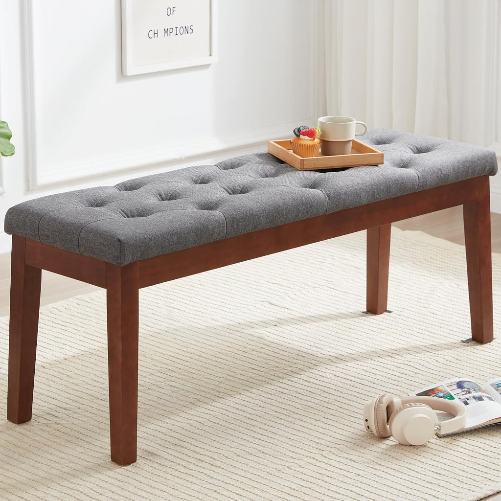 Ottoman Bench Upholstered Padded Seat with Solid Wood Legs and Button-Tufted, Linen Dark Gray