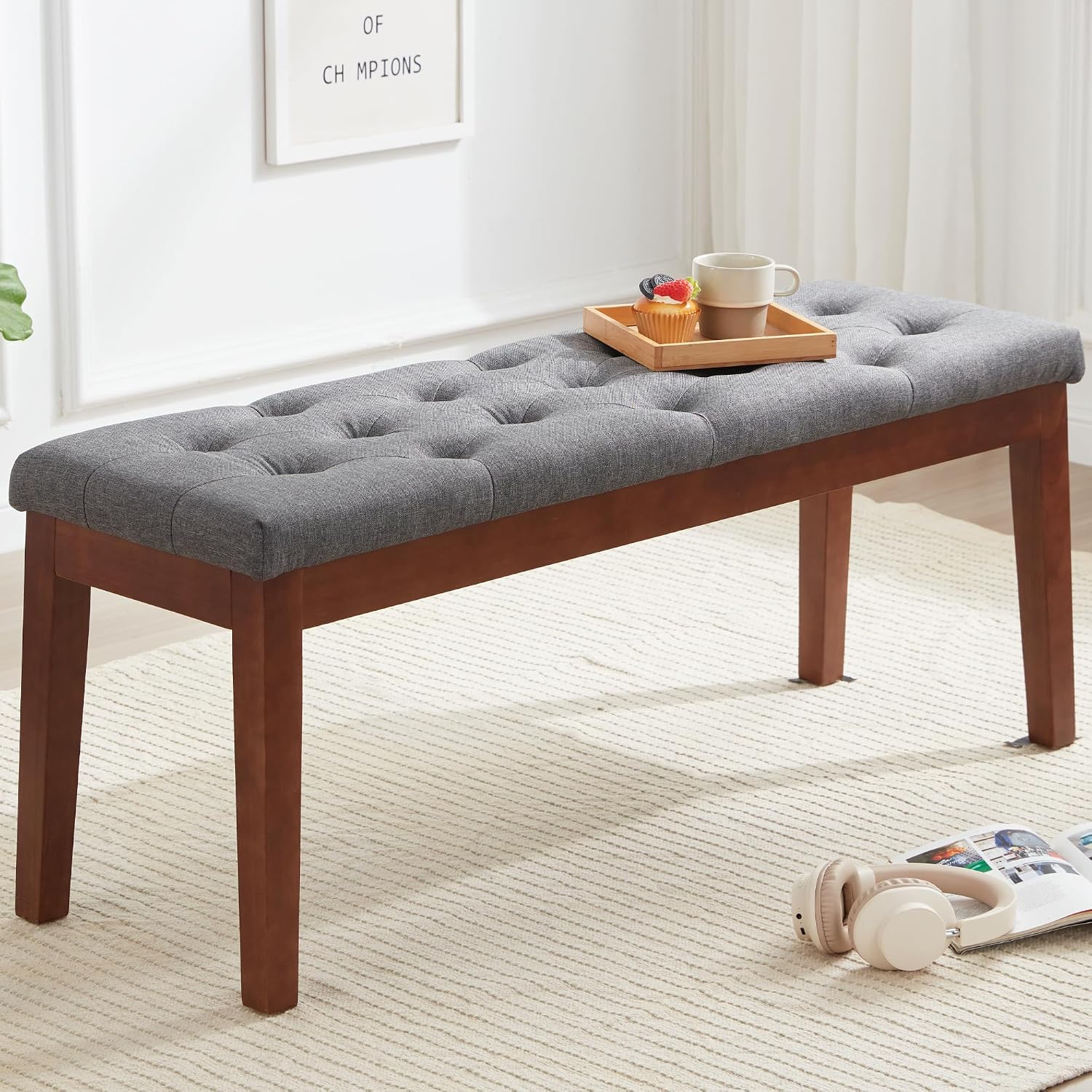 Ottoman Bench Upholstered Padded Seat with Solid Wood Legs and Button-Tufted, Linen Dark Gray