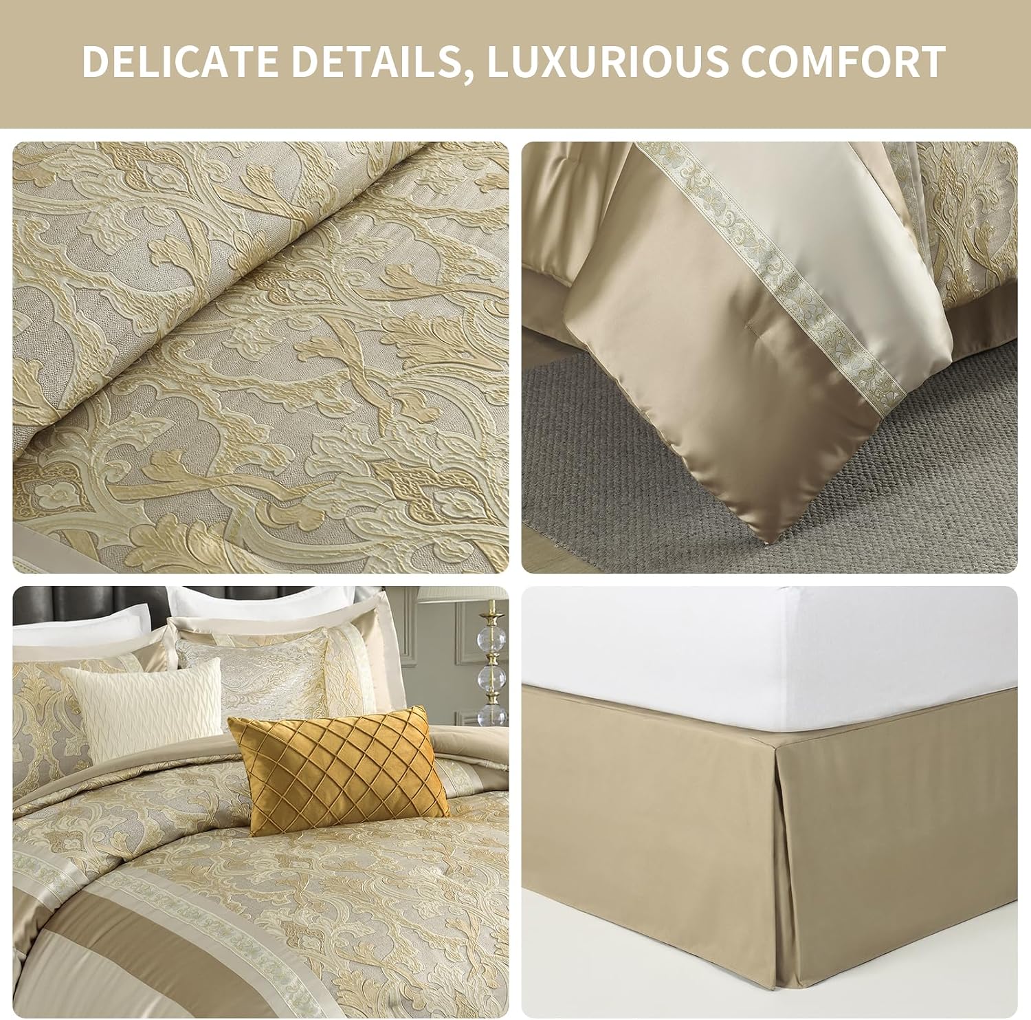Bedduvit Luxury 7 Piece Bed in Bag, Vintage Damask Jacquard Thick California King Comforter Set, Luxurious Genuine Patchwork Cal King Bedding Set with Bed Skirt, Decor Pillows, Shams, Gold/Beige/Cream