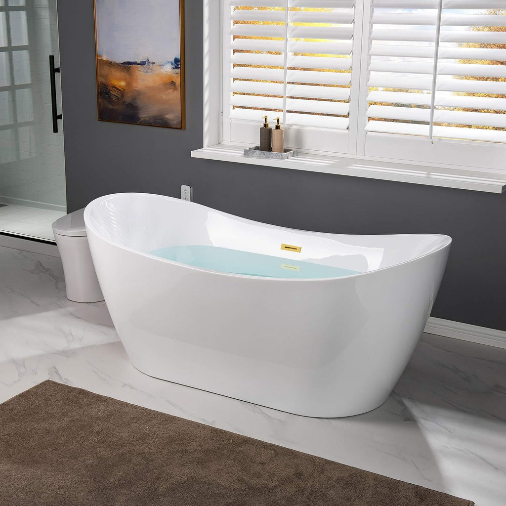 WOODBRIDGE 67'Freestanding White Acylic Soaking Bathtub with Brushed Gold Drain and Overflow,BTA1515-BG