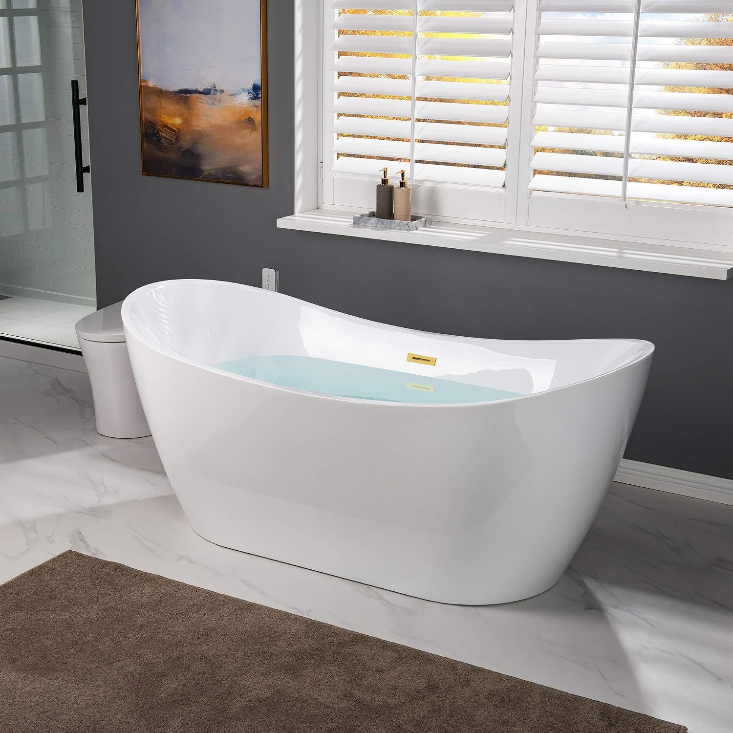 WOODBRIDGE 67'Freestanding White Acylic Soaking Bathtub with Brushed Gold Drain and Overflow,BTA1515-BG