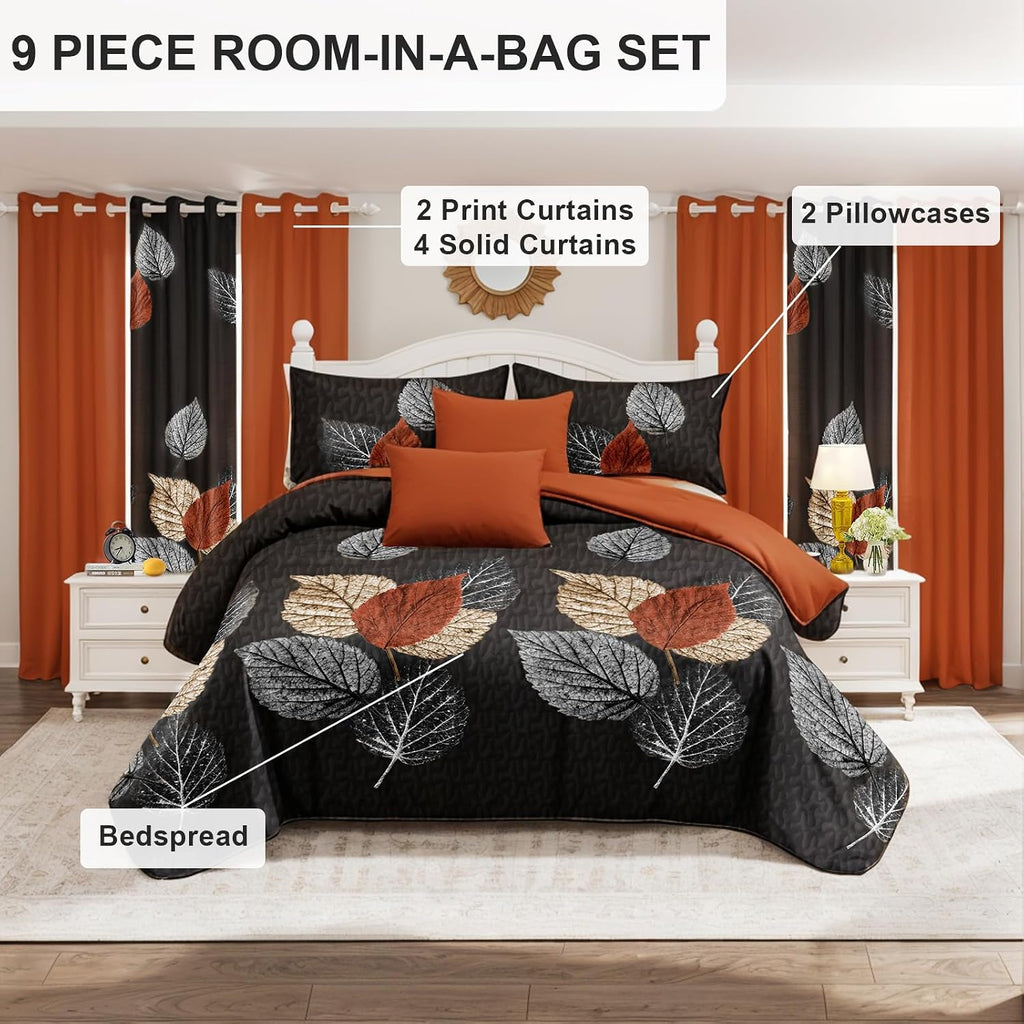 Elegance 9-Piece Leaves Queen Light Comforter Set, Luxury Bed in a Bag Queen Bedspread with Matching Curtains Ultra Soft & Breathable Black Brown Floral Bedding, All-Season Decor for Master Suite