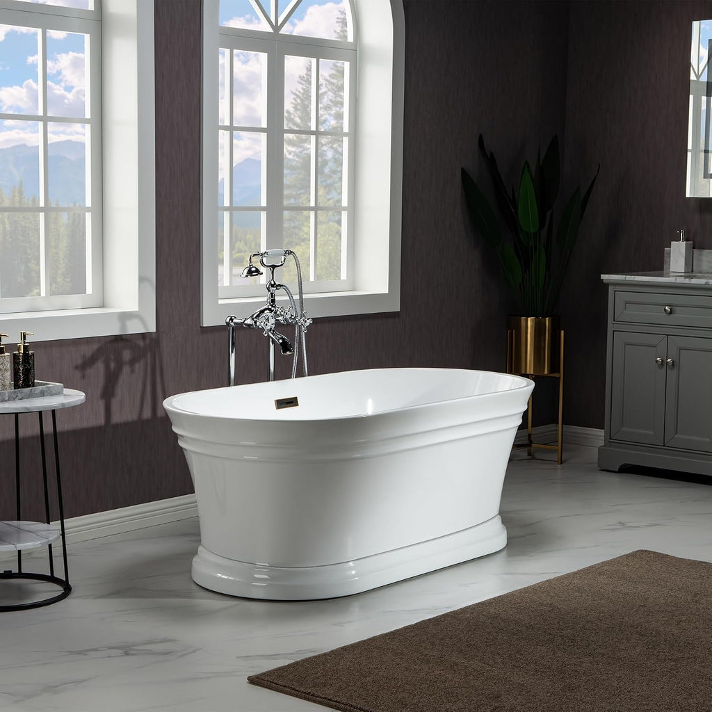 WOODBRIDGE 59'Freestanding White Acylic Soaking Bathtub with Oil Rubbed Bronze Drain and Overflow,B1536-ORB