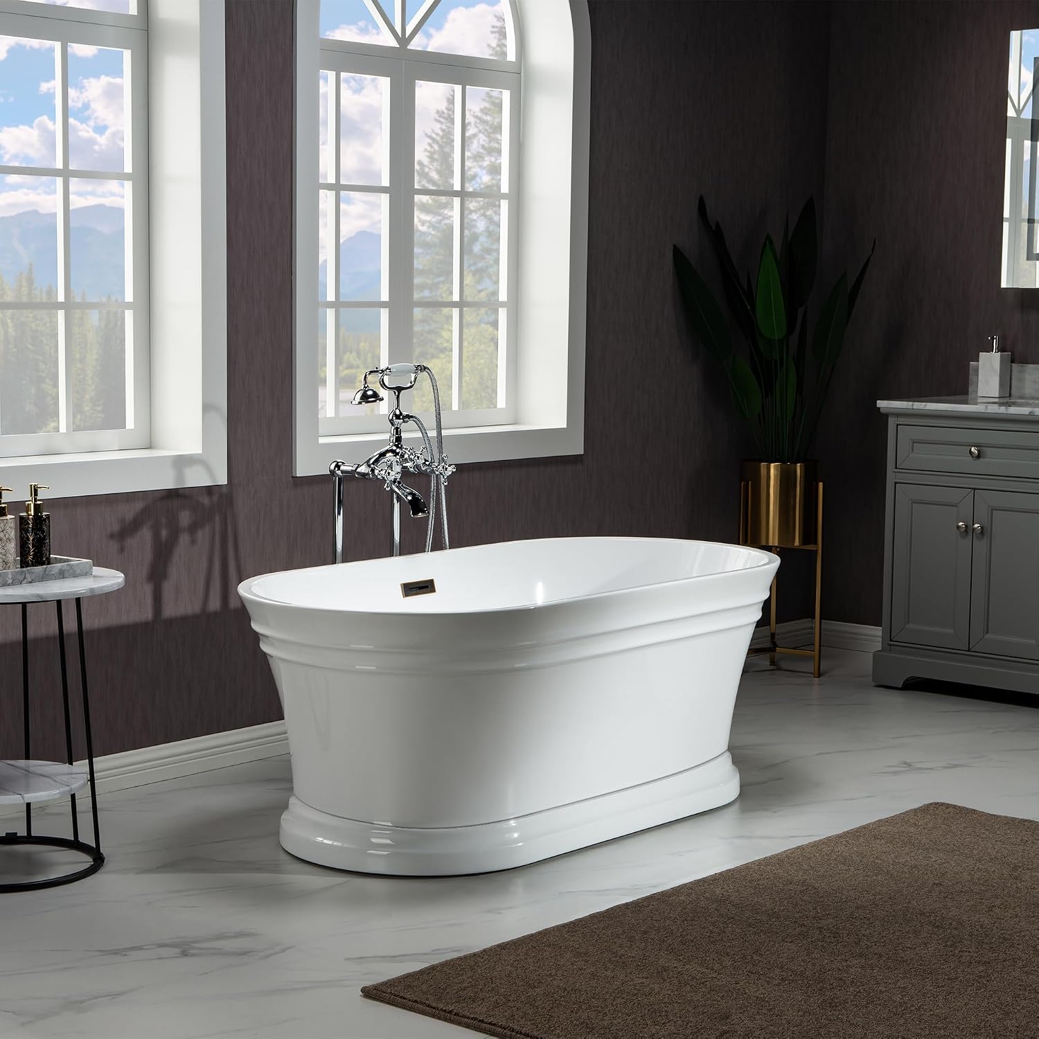 WOODBRIDGE 59'Freestanding White Acylic Soaking Bathtub with Oil Rubbed Bronze Drain and Overflow,B1536-ORB