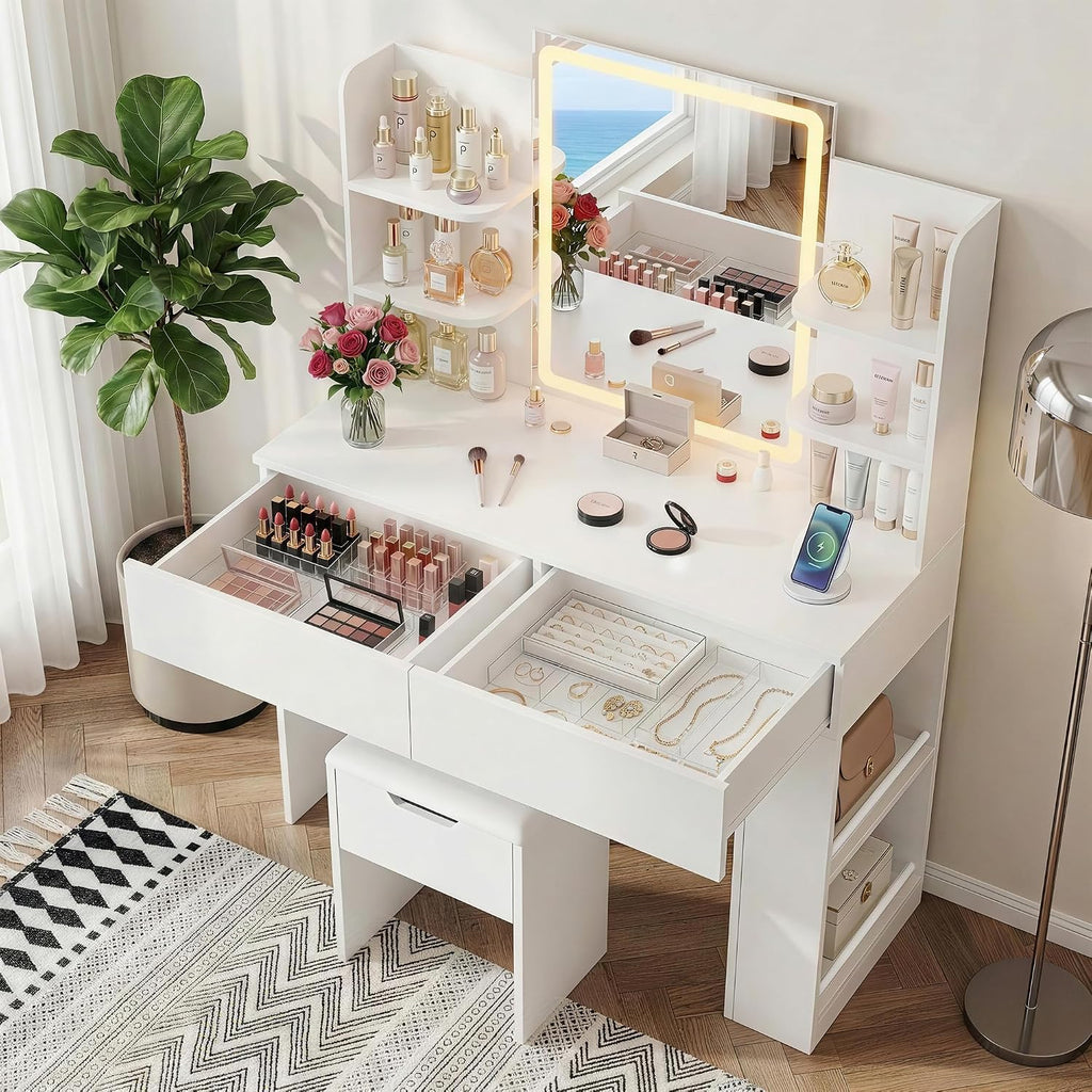 Furmax Vanity Desk with Mirror and LED Lights, Makeup Vanity Table with 3 Lighting Color, Adjustable Brightness, Vanity Table with 2 Drawers, Side Storage, for Bedroom (White, with Bench)