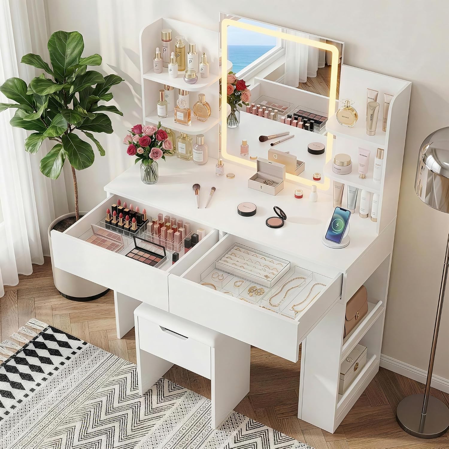 Furmax Vanity Desk with Mirror and LED Lights, Makeup Vanity Table with 3 Lighting Color, Adjustable Brightness, Vanity Table with 2 Drawers, Side Storage, for Bedroom (White, with Bench)