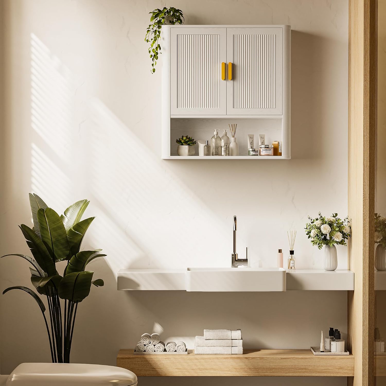 INNOD Bathroom Wall Cabinet, Wall-Mounted Medicine Cabinet with Adjustable Wood Shelf & Doors, Floating Bathroom Cabinet Over Toilet for Laundry Room & Kitchen & Living Room (White)