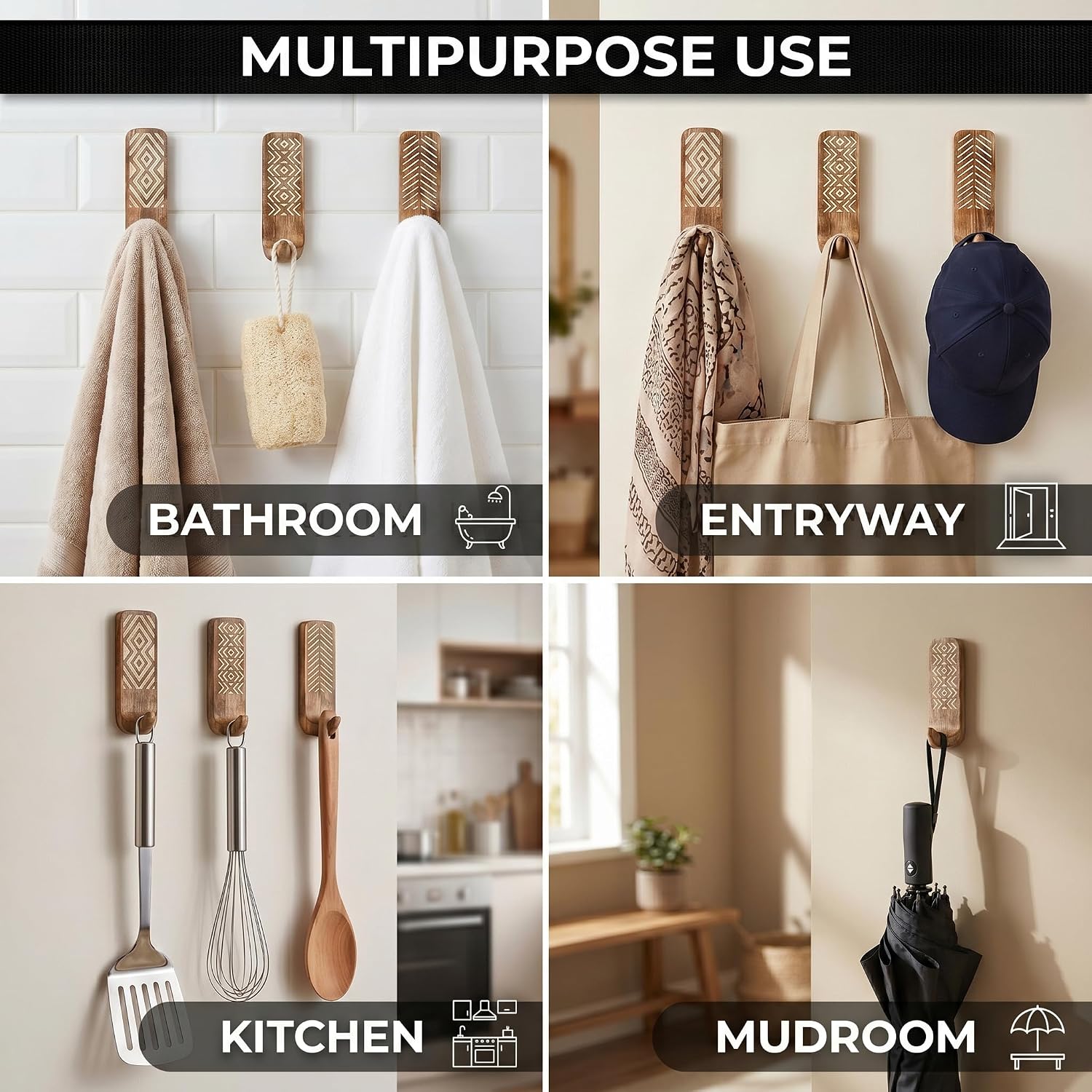 Indian Shelf 150 Pieces Bulk Wood Adhesive Wall Hooks – Wholesale Boho Peel and Stick Hooks for Keys, Hats, Towels, Entryway Decor, Self Adhesive Wall Mounted Hooks for Home Organization