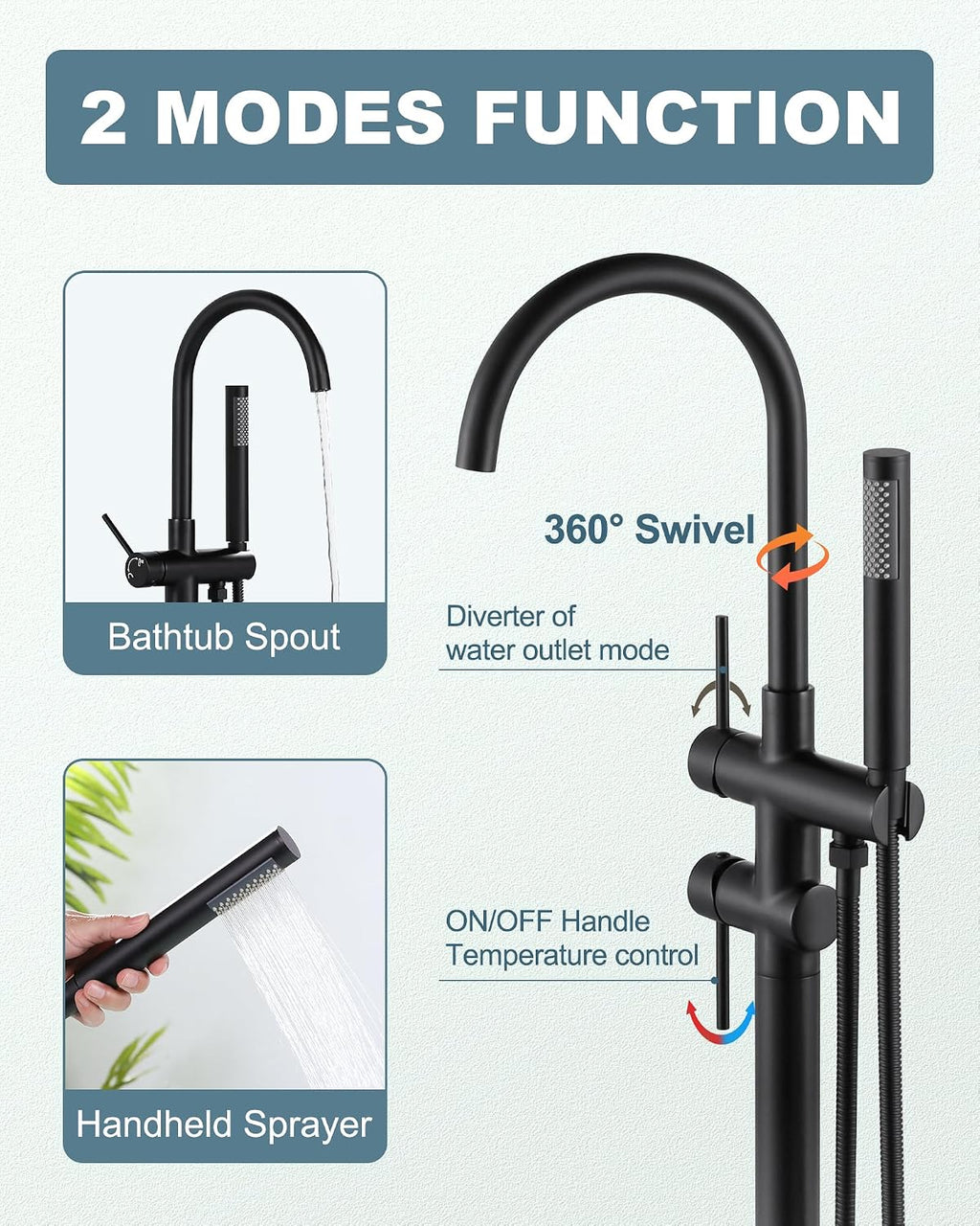 Freestanding Bathtub Faucet Matte Black: Floor Mount Tub Filler, High Flow Brass Shower Faucets with Handheld Sprayer for Bath