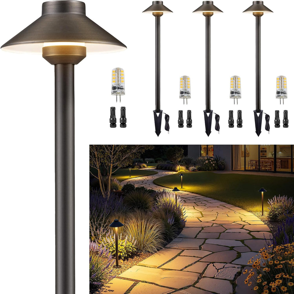 Gardenreet Low Voltage Landscape Lighting Brass - 12v Pathway Lights Waterproof, Hard Wired Path Light Outdoor, Mushroom Bronze for Exterior Area Patio with 3W 4000K Neutral White G4 Bulb (4 Pack)