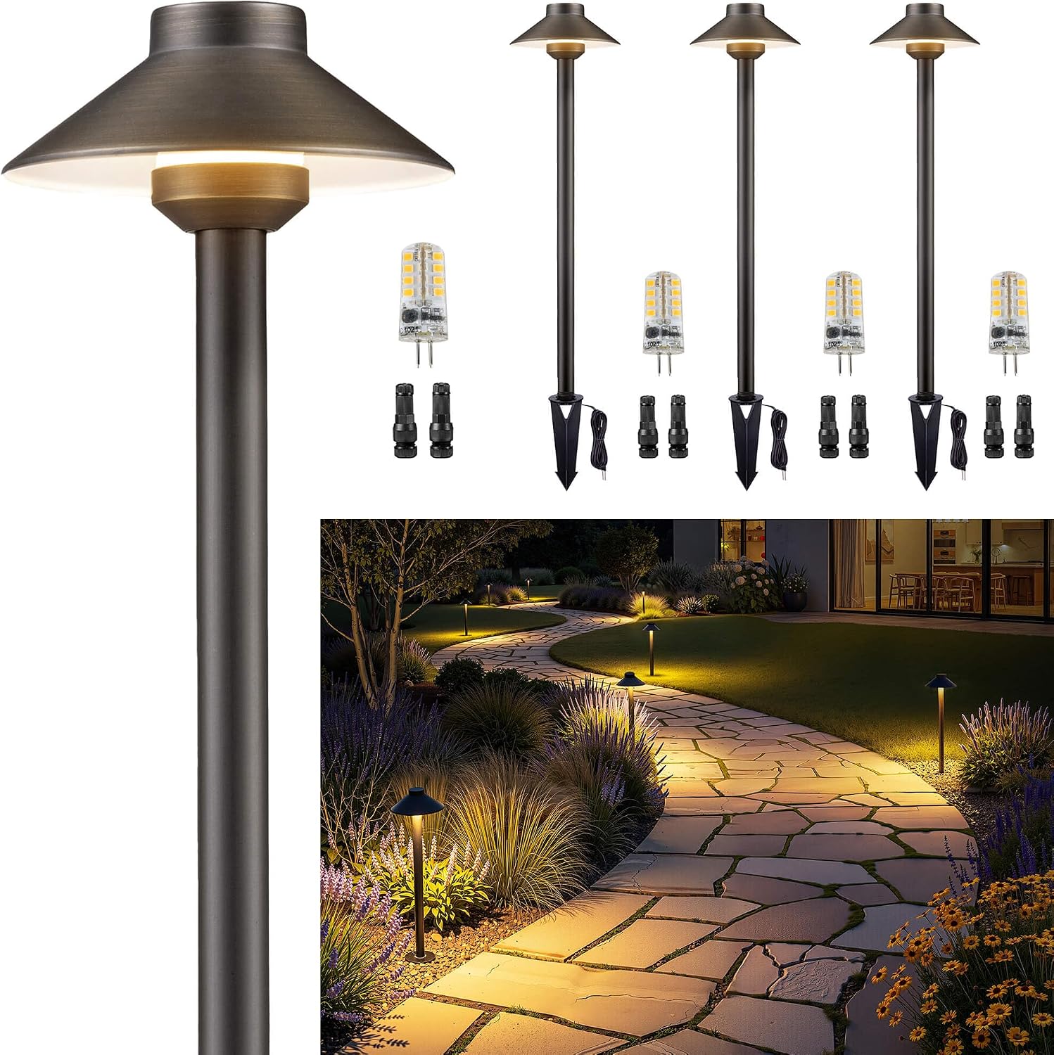 Gardenreet Low Voltage Landscape Lighting Brass - 12v Pathway Lights Waterproof, Hard Wired Path Light Outdoor, Mushroom Bronze for Exterior Area Patio with 3W 4000K Neutral White G4 Bulb (4 Pack)