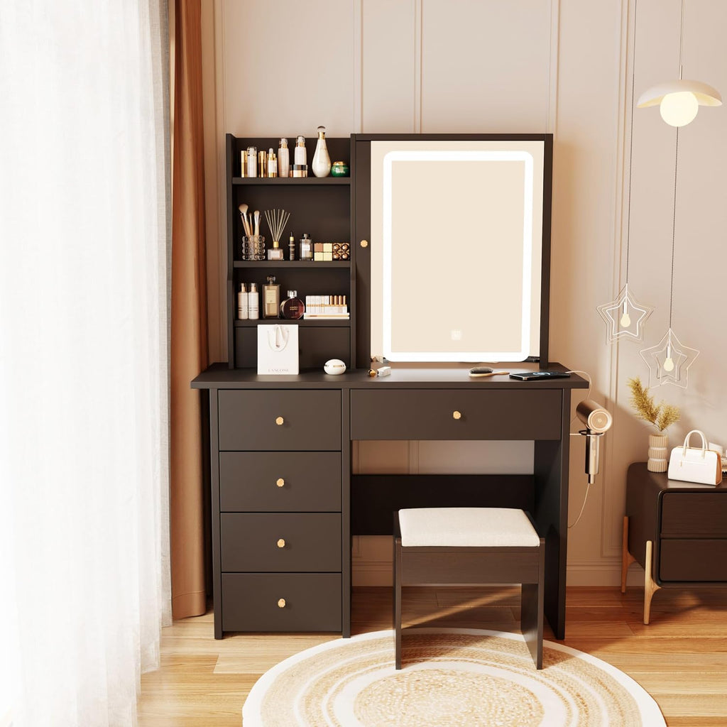 Vanity Desk with Mirror and LED Lights, Makeup Vanity Set with Power Outlet, and Stool,Jewelry Storage,Black Vanity Desk for Bedroom