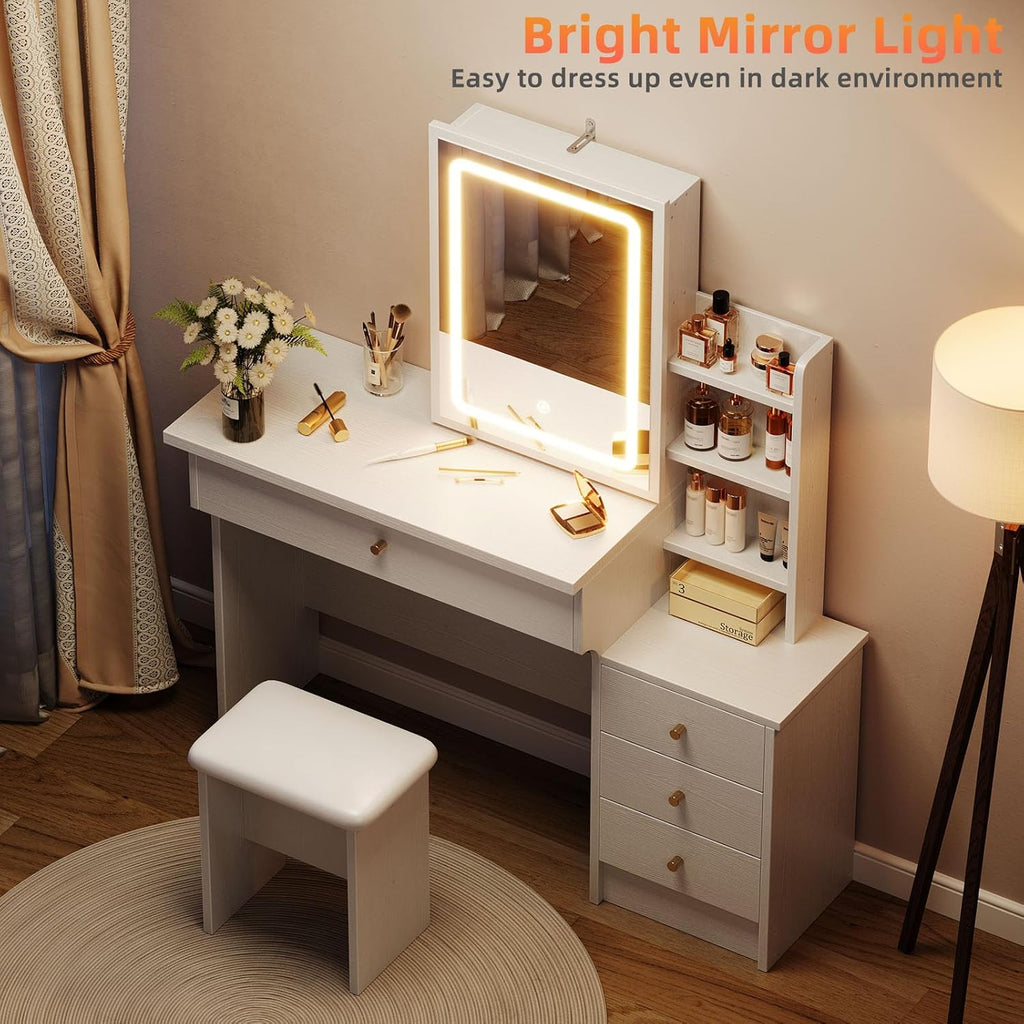 Memobarco Vanity Desk with Mirror and Lights, Makeup Vanity with 3 Adjustable Lighting Modes, Small Vanity Desk with Sliding Mirror, 4 Drawers, 7 Shelves, Vanity Chair for Bedroom White