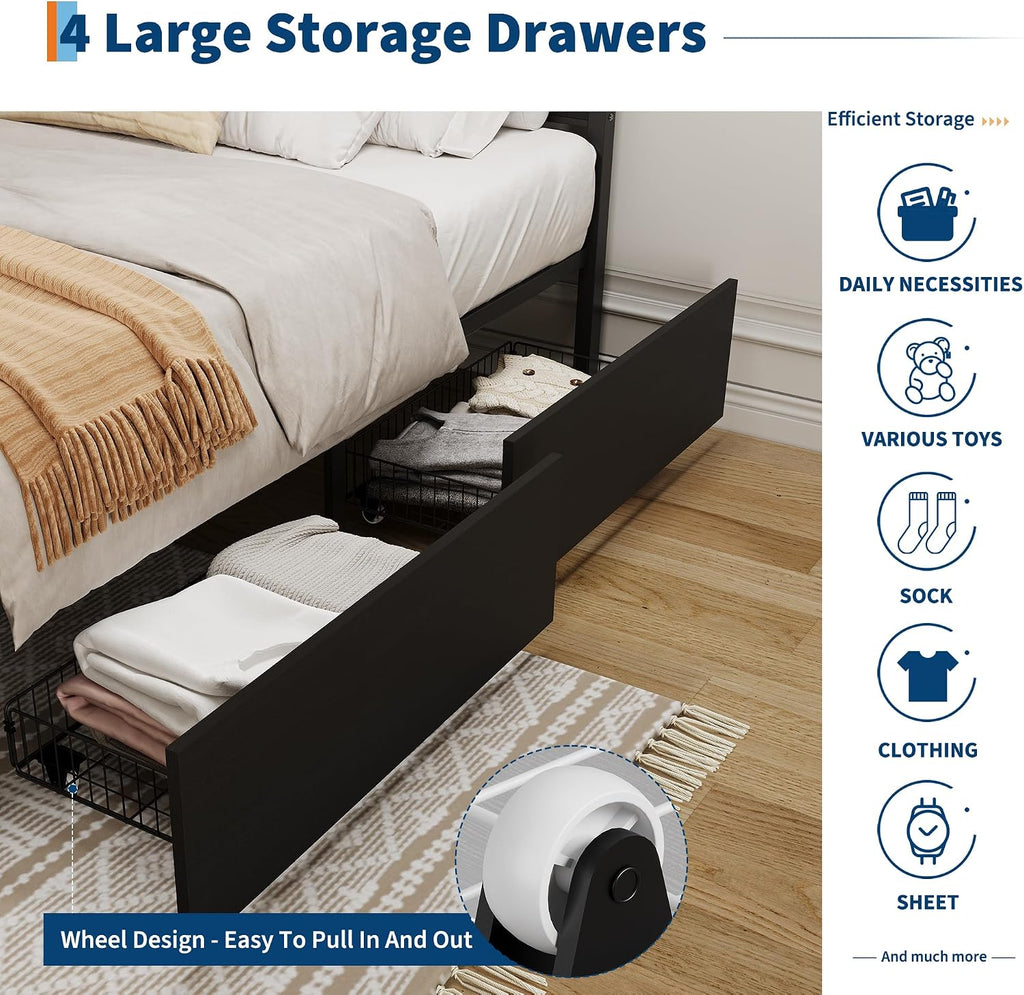 GarveeHome Black Rattan Bed Frame with Headboard, Boho Cane Platform Queen Bed Frame with 4 Drawers, Strong Metal Slats Support, Noise Free, No Box Spring Needed