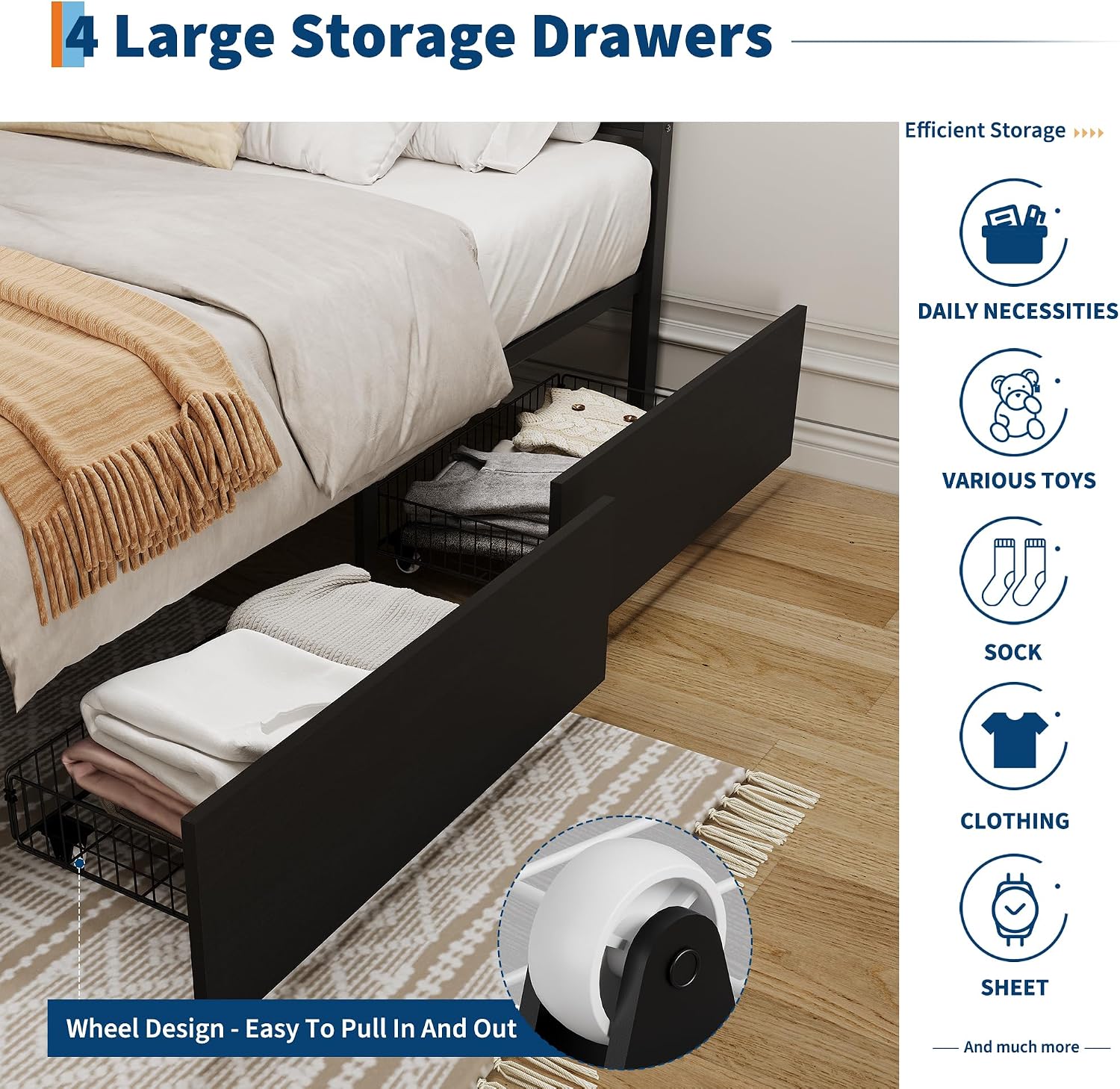 GarveeHome Black Rattan Bed Frame with Headboard, Boho Cane Platform Queen Bed Frame with 4 Drawers, Strong Metal Slats Support, Noise Free, No Box Spring Needed