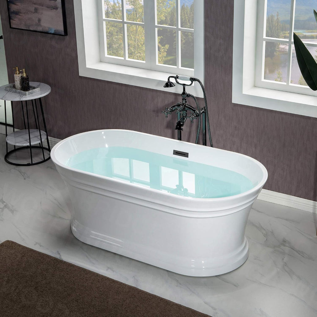 WOODBRIDGE 59'Freestanding White Acylic Soaking Bathtub with Drain Kit and Floor Mount Tub Filler in Brushed Nickel,BTA1536 -B/N-Drain &O +F0018BN