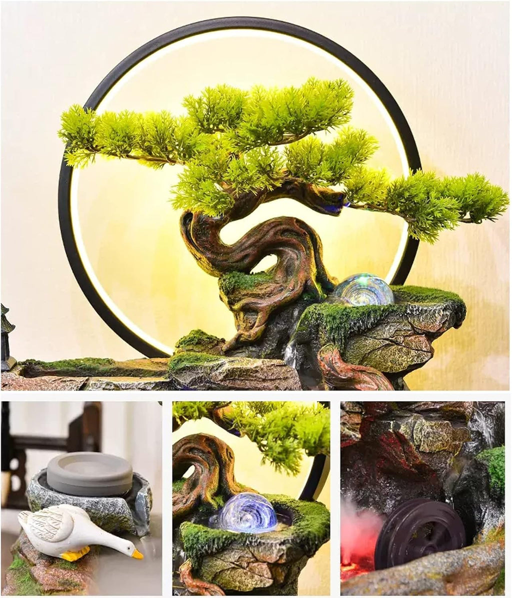 Tabletop Fountain Tabletop Water Fountain Indoor Waterfalls Fountains Decorative with LED Light Artificial Bonsai Tree Design Best Home Gifts for Parents or Friends(Large)