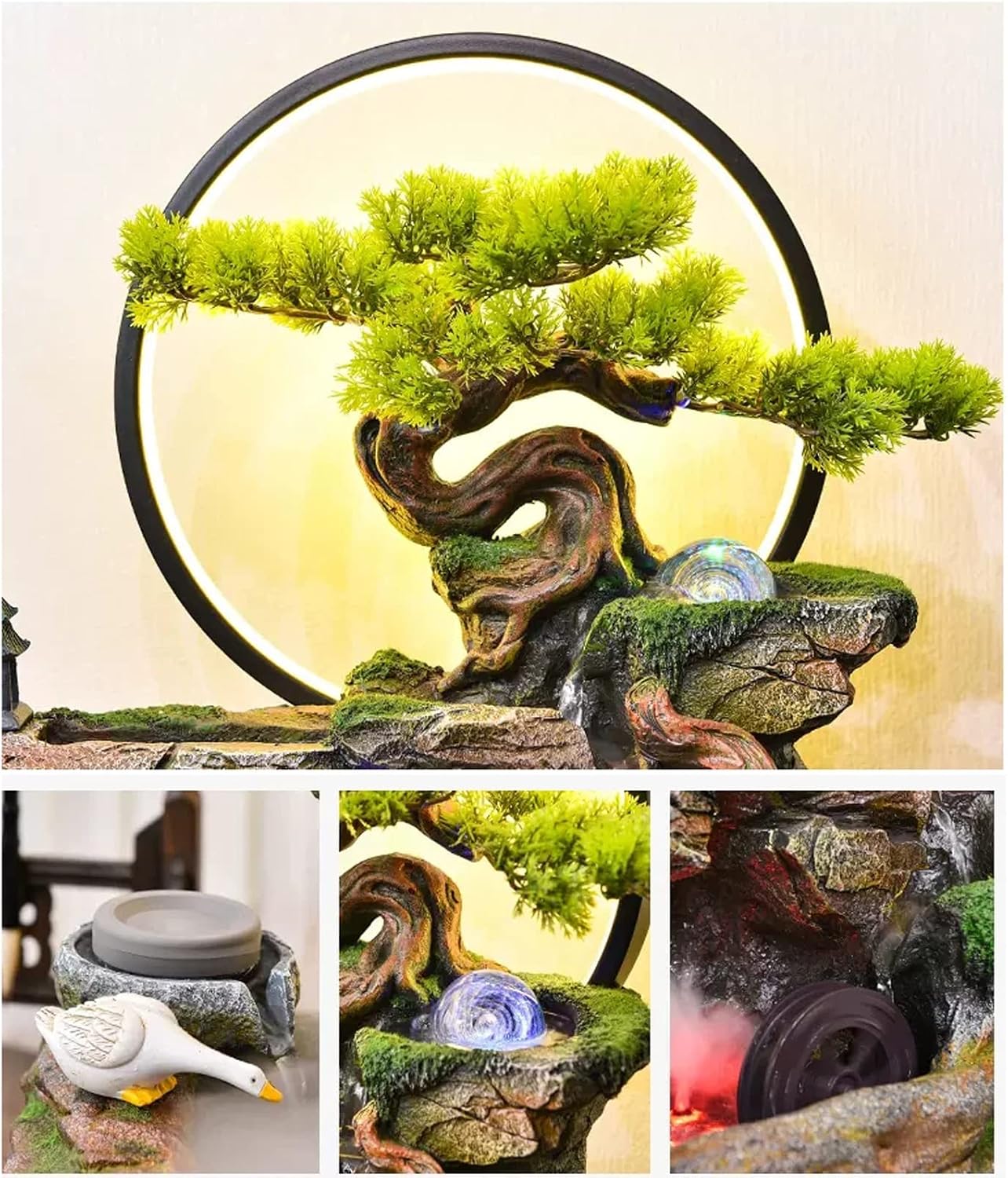 Tabletop Fountain Tabletop Water Fountain Indoor Waterfalls Fountains Decorative with LED Light Artificial Bonsai Tree Design Best Home Gifts for Parents or Friends(Large)