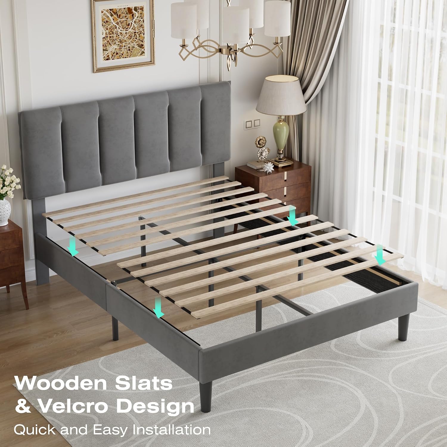 VECELO Queen Bed Frame with Upholstered Headboard, Heavy-Duty Platform Bedframe with Strong Wooden Slats Support, No Boxing Spring Needed, Dark Grey