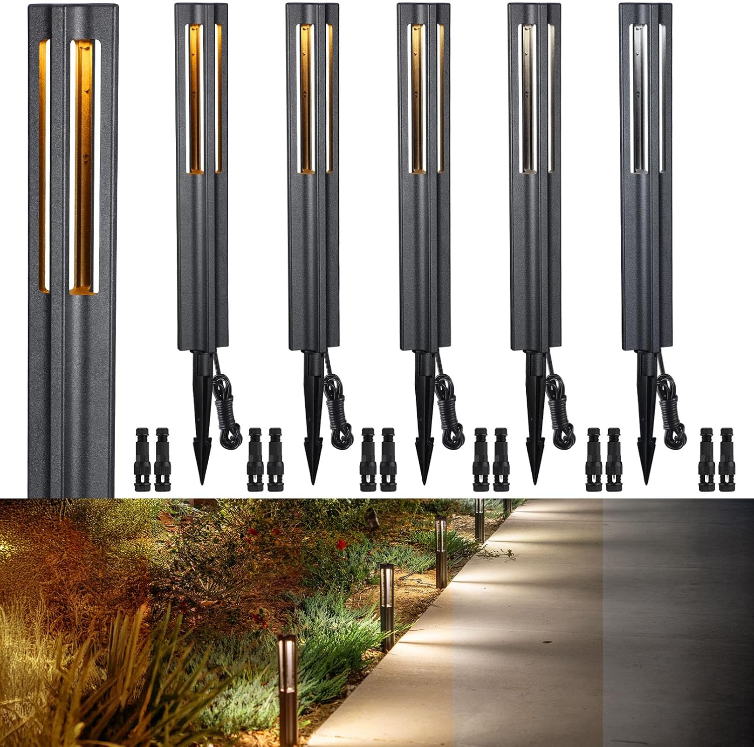LEONLITE 5CCT Low Voltage Path Lights, Update 1800K2700K3000K4000K5000K Selectable, 3W LED Landscape Pathway Lights, Outdoor Landscape Lighting, Aluminum, 12-24V AC/DC, ETL, IP65, Pack of 6