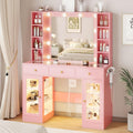HUANLEGO Pink Vanity Desk with Mirror and Lights, Glass Top Vanity with Lighted Mirror & RGB Glass Cabinet and 3 Drawers, Makeup Vanity Desk with Lights Dressing Table for Bedroom, 3 Color Modes