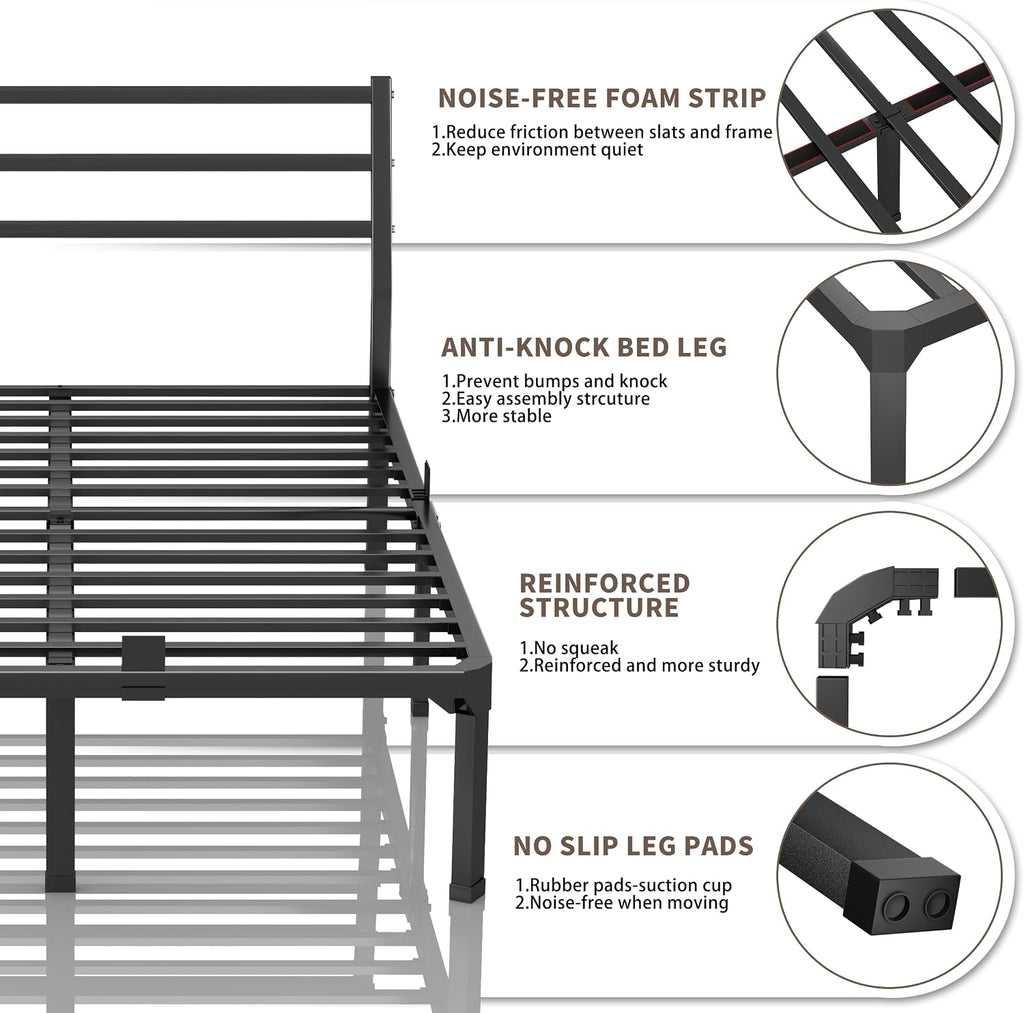 ROIL Full Size Metal Bed Frame with Headboard, 14inch Black Heavy Duty Platform with Steel Slats Support and Mattress Stoppers, 3500LBS No Box Spring Needed, Easy Assembly Noise-Free