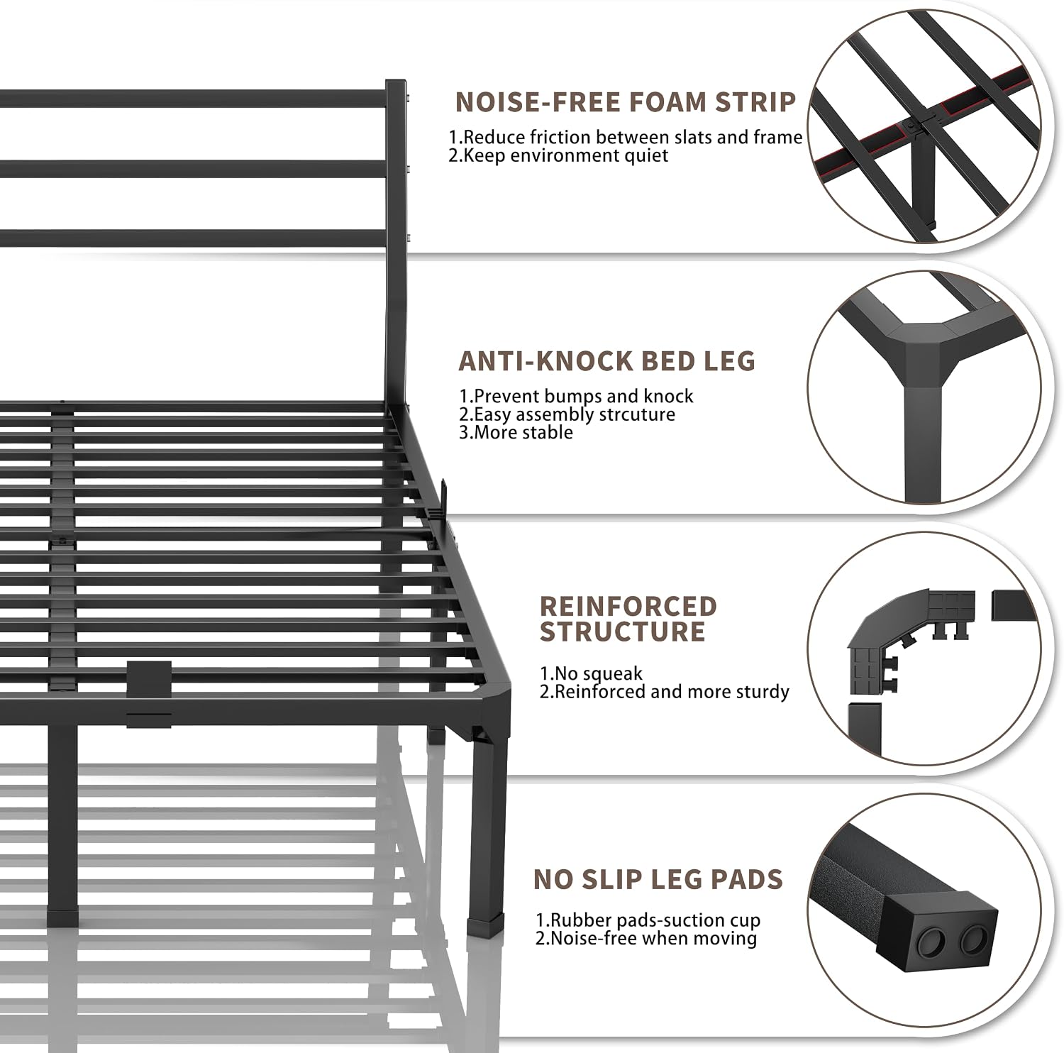 ROIL Full Size Metal Bed Frame with Headboard, 14inch Black Heavy Duty Platform with Steel Slats Support and Mattress Stoppers, 3500LBS No Box Spring Needed, Easy Assembly Noise-Free