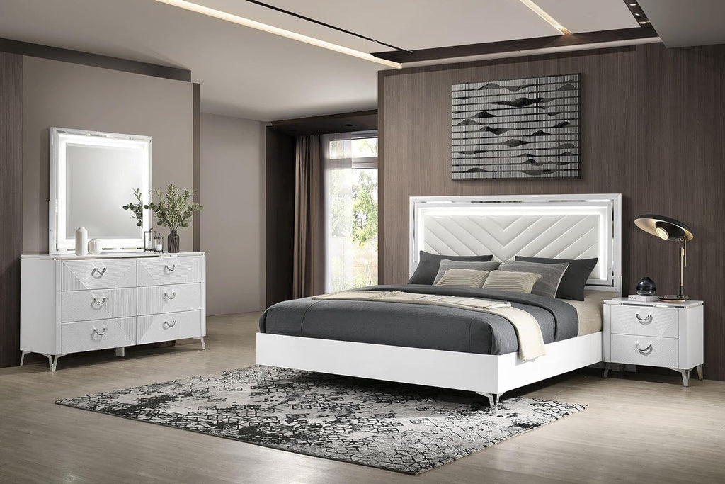 Coaster Home Furnishings - Cassia - Wood - 4-Piece Bedroom Set with Chevron-Tufted Headboard, LED Trim and Contemporary Design - Bedroom - Queen Size - White High Gloss - 215791Q-S4