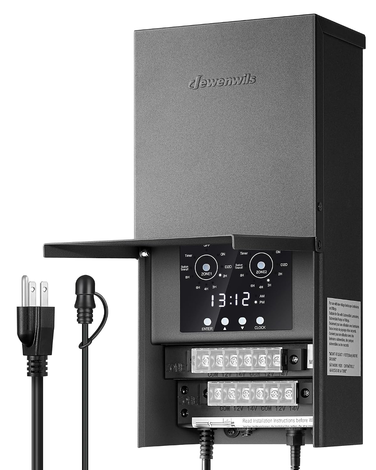 DEWENWILS 600W Low Voltage Landscape Transformer, 120VAC to 12/14VAC Outdoor Landscape Transformer, Photocell Sensor & Timer, 6 Zone, Landscape Lighting Transformer for Outdoor Garden