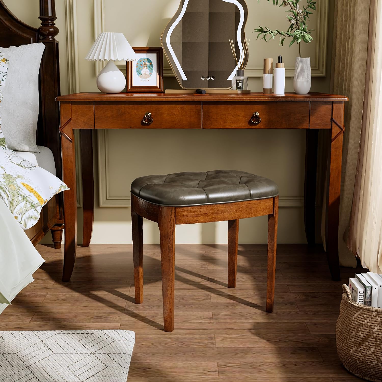 Vanity Stool with Padded Cushion, Vanity Bench with Wood Legs, Piano Bench Seat with with Solid Wood Legs, Backless Vanity Stool for Makeup Room, Bedroom, Dining Room and Study Room, Grey