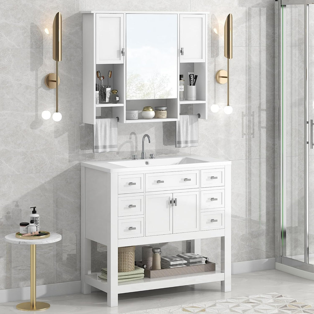Merax Medicine Cabinet with Mirror, Wall Mount Bathroom Cabinet 35' x 28' Over Toilet Storage Cabinet Organizer with Doors, Open Shelves, and Towel Bars, Mirrored Bathroom Wall Cabinet