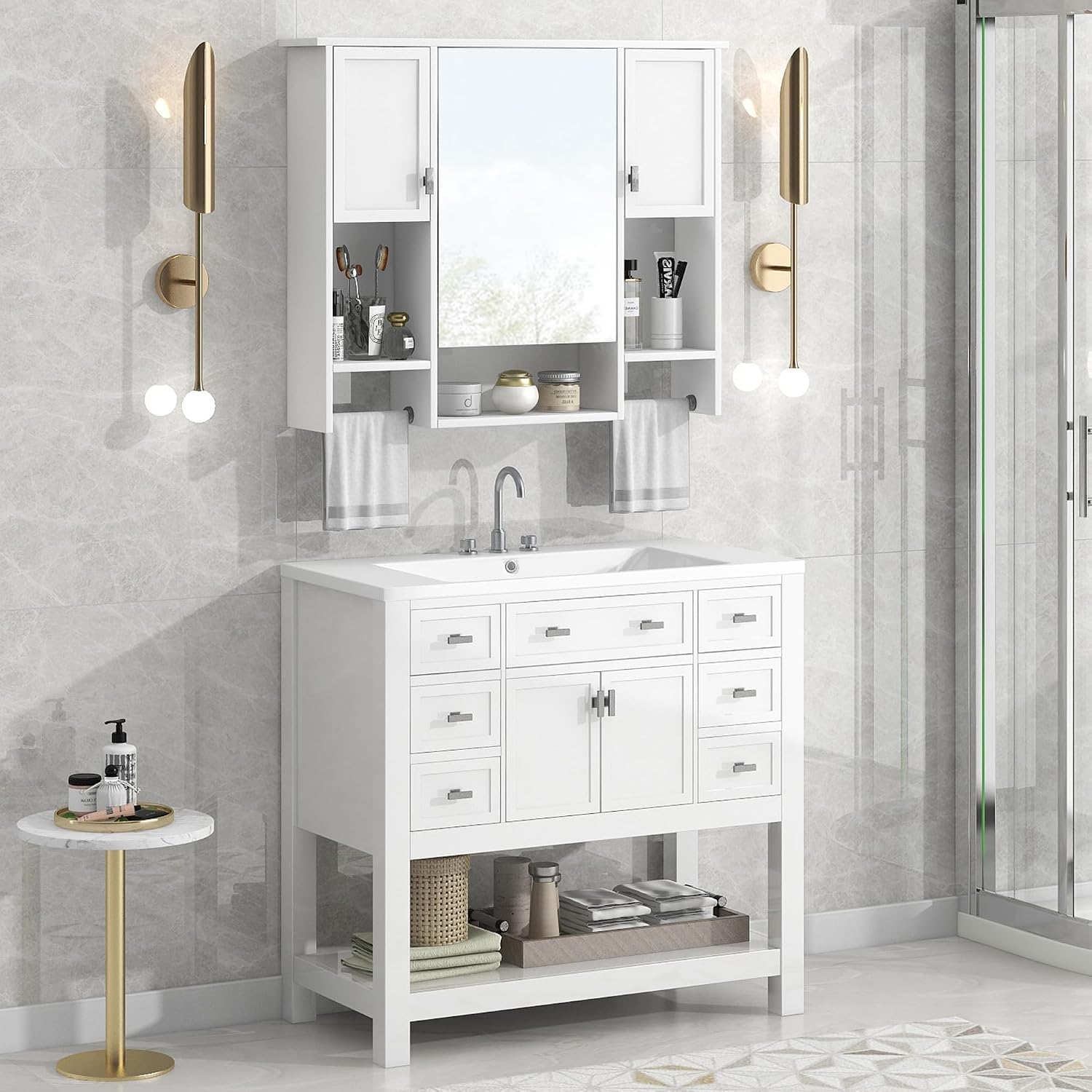 Merax Medicine Cabinet with Mirror, Wall Mount Bathroom Cabinet 35' x 28' Over Toilet Storage Cabinet Organizer with Doors, Open Shelves, and Towel Bars, Mirrored Bathroom Wall Cabinet