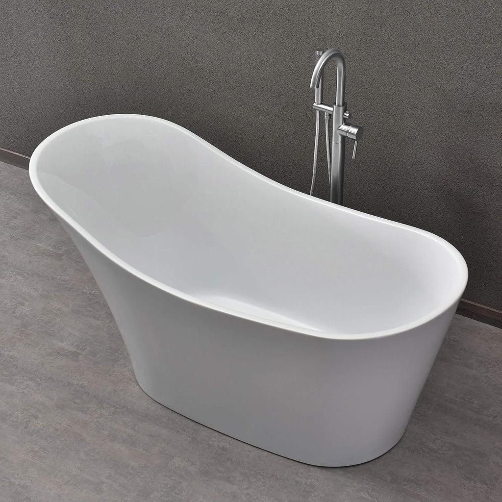 WOODBRIDGE 59' Acrylic Freestanding Bathtub Contemporary Soaking White Tub with Chrome Overflow and Drain，B0029-C-Drain&O