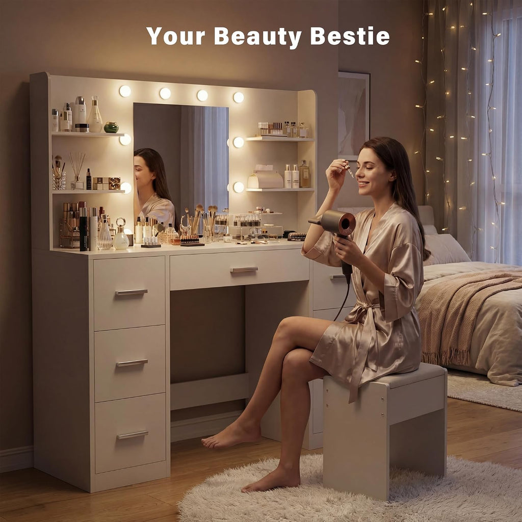 Furmax Vanity Desk with Mirror, LED Lights and Power Outlet Makeup Vanity Table with 7 Drawers and 6 Storage Shelves Dressing Table for Bedroom Dressing Room (Bright White)