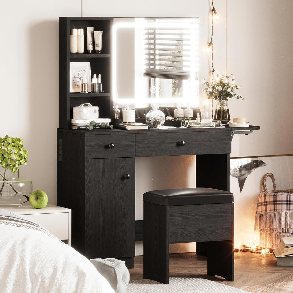 IRONCK Vanity Desk with LED Lighted Mirror & Power Outlet, Makeup Table with Drawers & Cabinet,Storage Stool,for Bedroom, Black