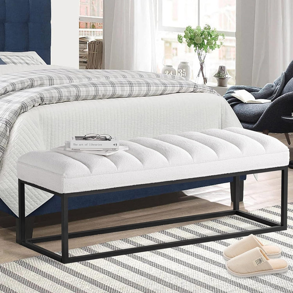 53.5-Inch Upholstered Velvet Ottoman, White Indoor Bench for Entryway, Shoe Bench, Bedroom Seat, End-of-Bed Ottoman, or Vanity Bench with Metal Base (White)