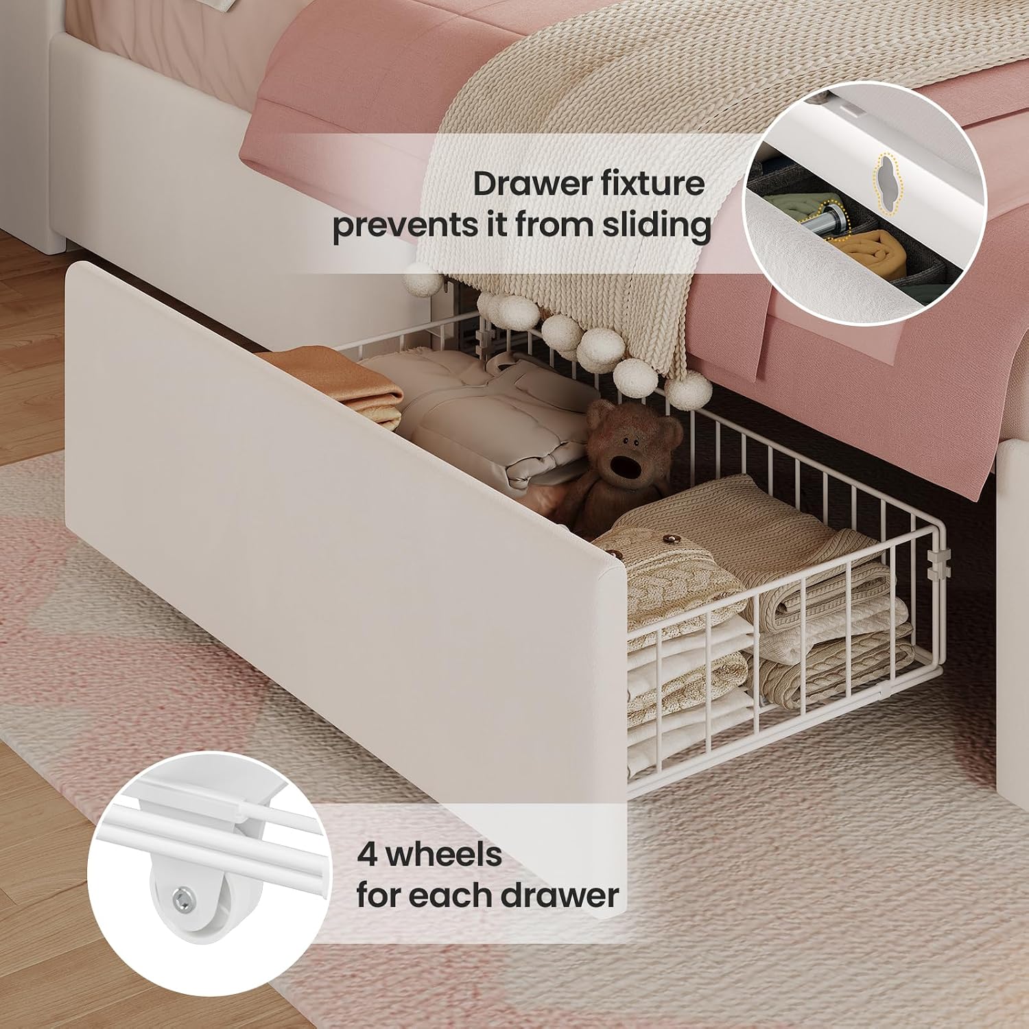 BTHFST Twin Bed Frame with Storage Headboard & 4 Drawers, Girl Upholstered Storage Bed with LED Lights & Charging Station, No Box Spring Needed, Easy Assembly, Beige