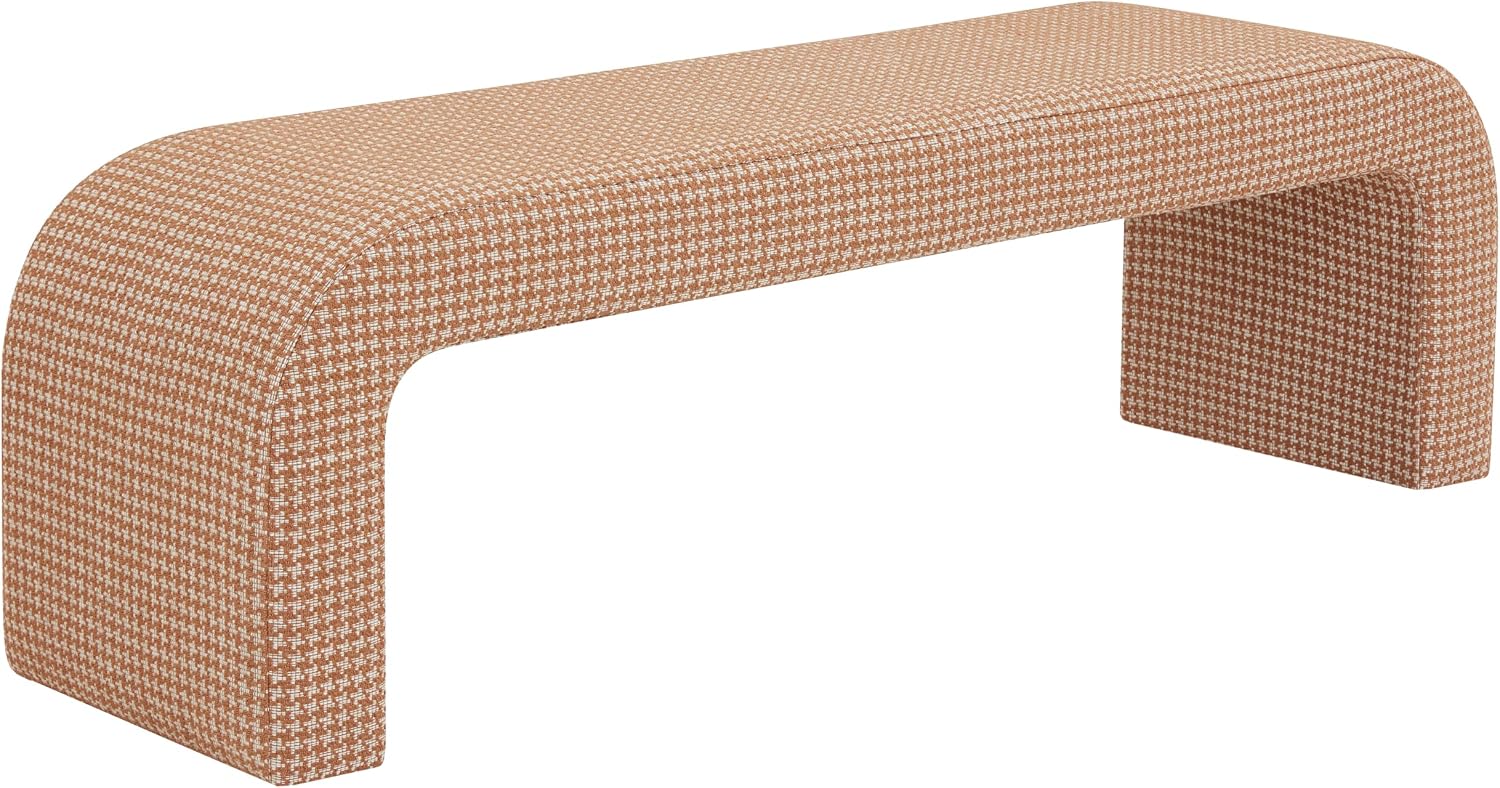SAFAVIEH Couture - Caralynn Brown Boucle – Houndstooth Pattern – Curved Waterfall Upholstered Bench, Fully Assembled, 62.4' W x 18.1' D x 19.3' H (SFV5027Q)
