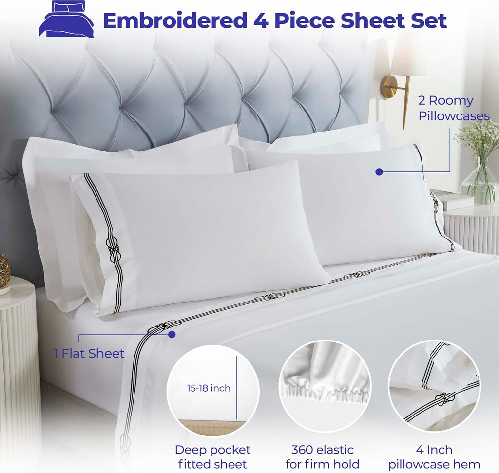 Superior Embroidered Cotton Bed Sheet Set, 1 Elastic Deep Pocket Fitted Sheet, 1 Flat Sheet, 2 Pillowcases, Daily Soft Sheets, Luxury, Elegant Design, Moonlawn Collection, King Size, White/Black
