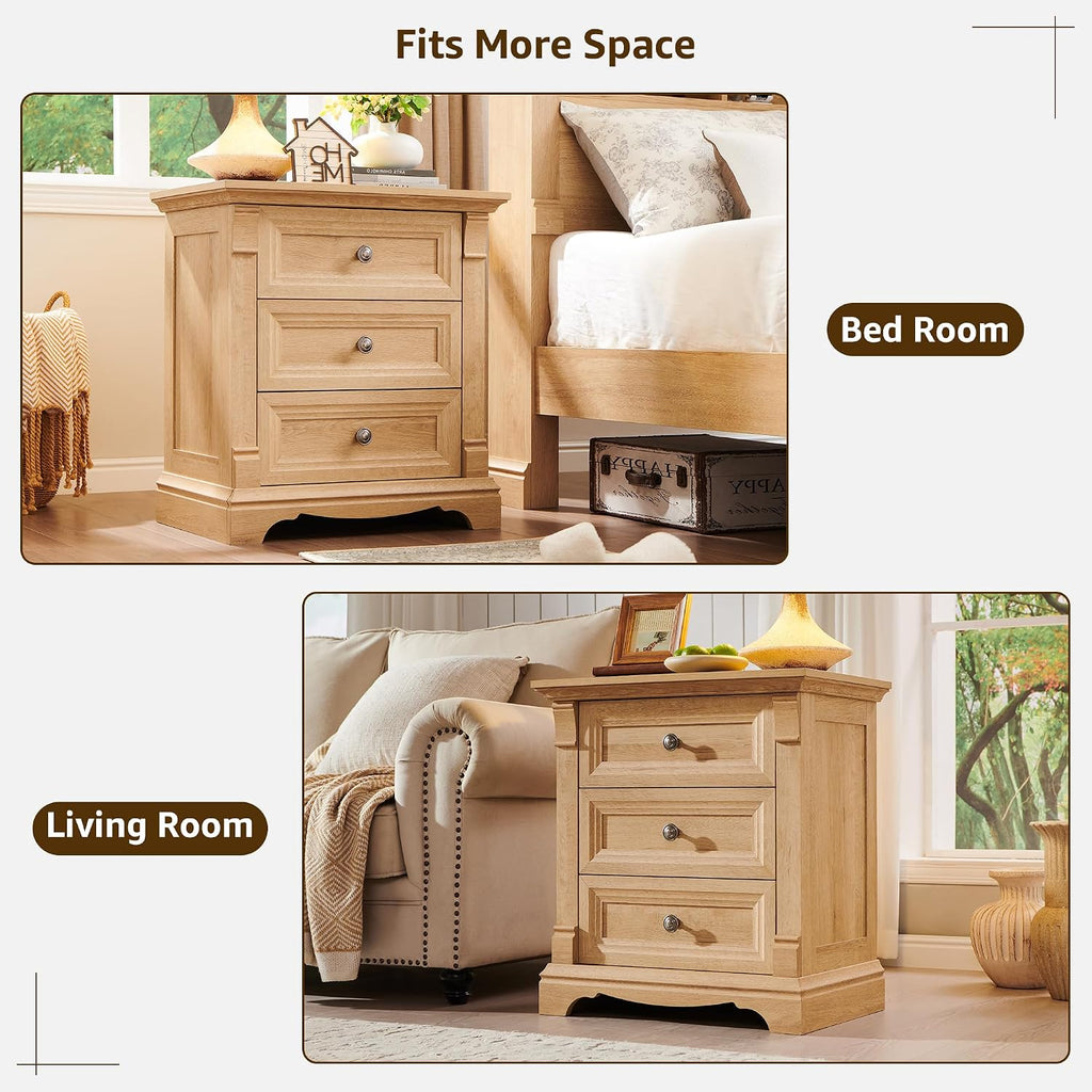 T4TREAM 24' Wide 3 Drawer Dressers, Farmhouse 26' Tall Bedside Side Table with 3 Drawers, Wooden Side Table with Roman Column, End Table for Bedroom, Living Room, Hallway, Oak